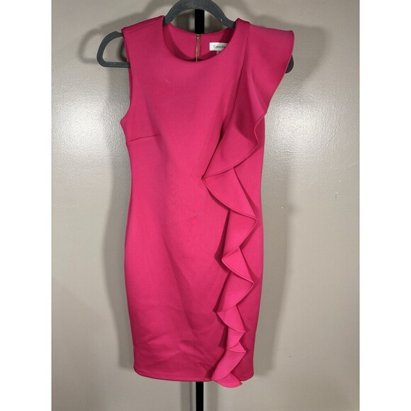 CALVIN KLEIN SZ 2 HOT PINK GOLD ZIP BODYCON COCKTAIL DRESS ELEGANT CHIC FORMAL - Picture 1 of 6